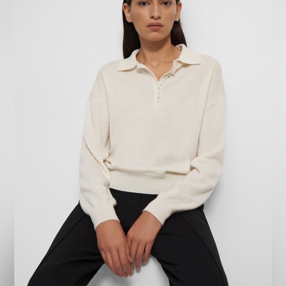 Theory Sweaters - Theory Polo Sweater in Cashmere Ivory Ribbed Trim Button Placket Size P
